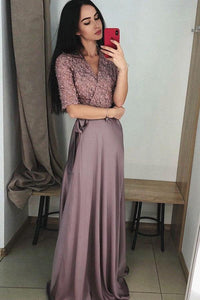 A Line V-Neck Half Sleeves Purple Long Prom Dress with Lace Top PFP0110