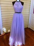 Two Piece Halter Backless Tulle Lavender Prom Dress with Lace Beading PFP0590