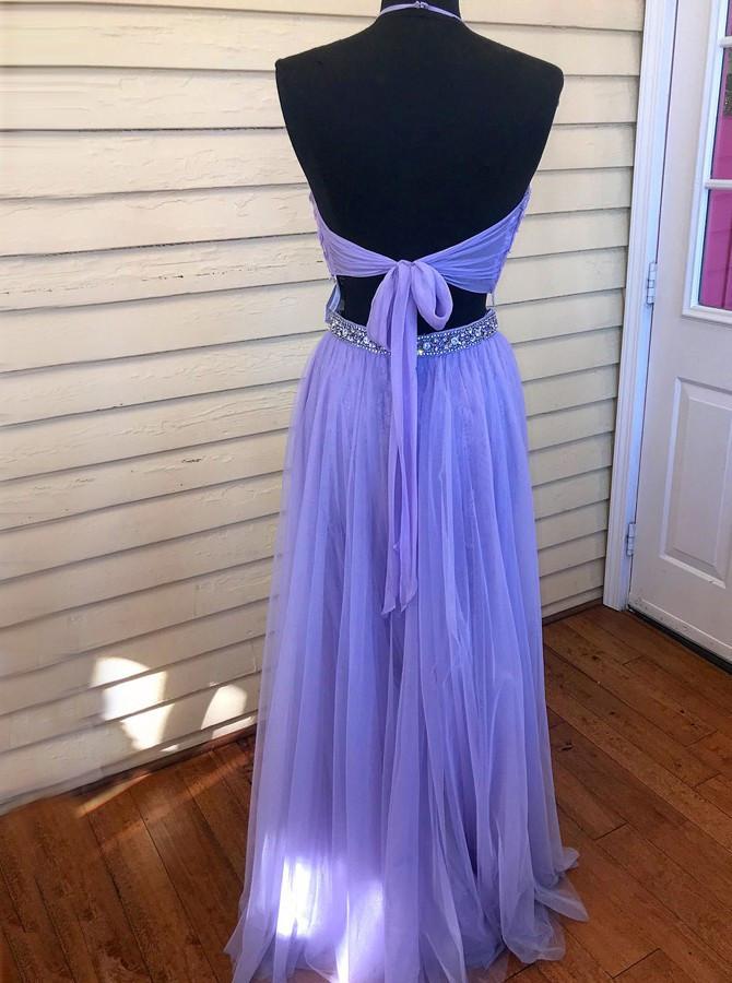 Two Piece Halter Backless Tulle Lavender Prom Dress with Lace Beading –  Promfast