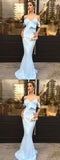Mermaid Spaghetti Straps Light Blue Satin Long Prom Dress with Ruffles PFP0111