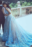 A-Line Blue Sleeveless Tulle Wedding Dress 2017 With Chapel Train PFW0251