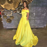 Yellow Off The Shoulder A Line Prom Dress,Long Evening Gown With Pockets PFP0476