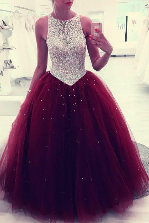 Beaded Scoop Tulle Burgundy Ball Gown Prom Dress, Quinceanera Dresses PFP0112