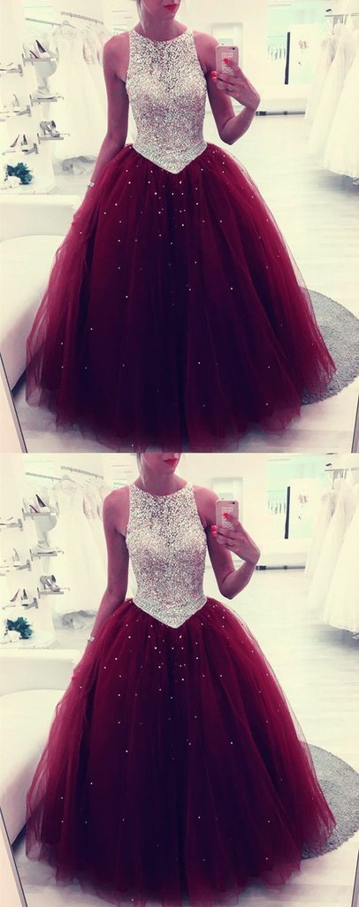 Beaded Scoop Tulle Burgundy Ball Gown Prom Dress, Quinceanera Dresses –  Promfast