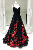 A-Line Spaghetti Straps Black Sweep Train A Line Prom Dress with Flowers PFP0591