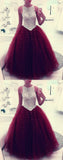 Beaded Scoop Tulle Burgundy Ball Gown Prom Dress, Quinceanera Dresses PFP0112