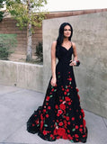 A-Line Spaghetti Straps Black Sweep Train A Line Prom Dress with Flowers PFP0591