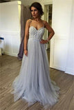 Elegant Long Spaghetti Straps Beading Tulle Gray Prom Dresses Evening Dresses PFP0114