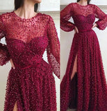 Cheap A Line Burgundy Long Sleeve Vintage Split Prom Dress PFP0115