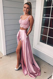 Two Piece Square A Line Pink Split Long Prom Dress with Lace Pockets