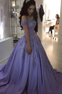 Lavender Ball Gown Off the Shoulder Lace Appliques Prom Dresses