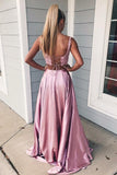 Two Piece Square A Line Pink Split Long Prom Dress with Lace Pockets PFP0593