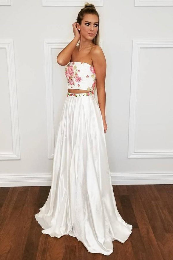Two Piece Strapless Floor-Length Off White Prom Dress with Floral Appliques