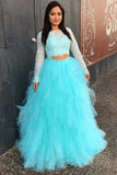 Full Sleeve Evening Dress, Two Piece Tulle Lace Top Prom Dress, Elegant Formal Dress PFP0118