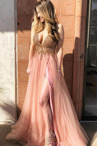 A-Line V-Neck Tulle Long Coral Prom Dress with Beading Split