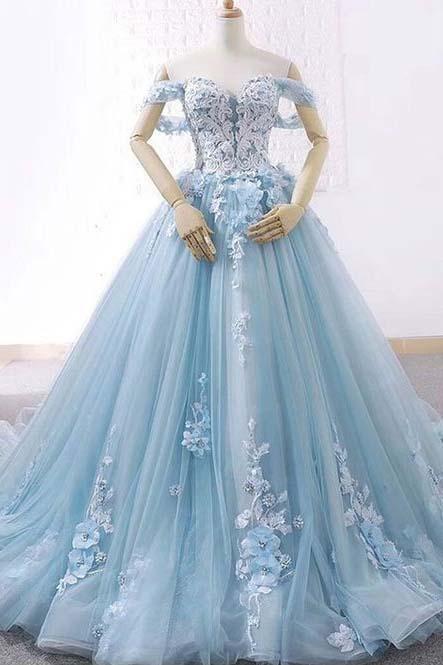 Light Blue Sweetheart Tulle Appliques Ball Gown Prom Dresses PFP0119