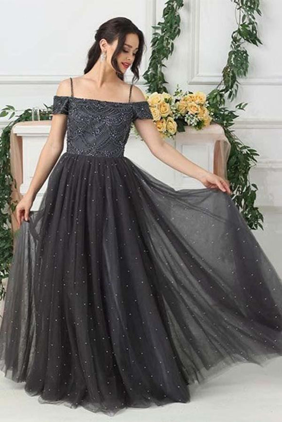 Grey Tulle A Line Beads Long Prom Dress,Evening Dresses PFP0120