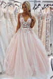 Charming A-Line V-Neck Floor-Length Pink Tulle Prom Dress with Appliques Beading