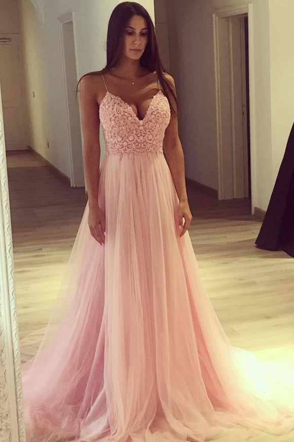 A Line Spaghetti Straps Pink Tulle Long Prom Dress PFP0121