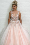 Charming A-Line V-Neck Floor-Length Pink Tulle Prom Dress with Appliques Beading PFP0597