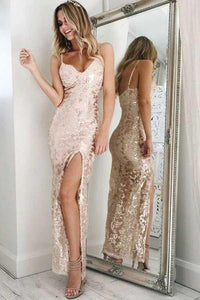 Mermaid Spaghetti Straps Pearl Pink Sequined Split Sexy Prom Dress PFP0122