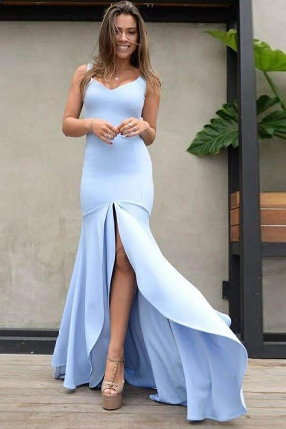 Mermaid V Neck Straps Backless Light Blue Satin Prom Dress with Split PFP0123
