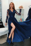 A Line Long Sleeves V Neck Dark Blue Prom Dresses With Appliques 