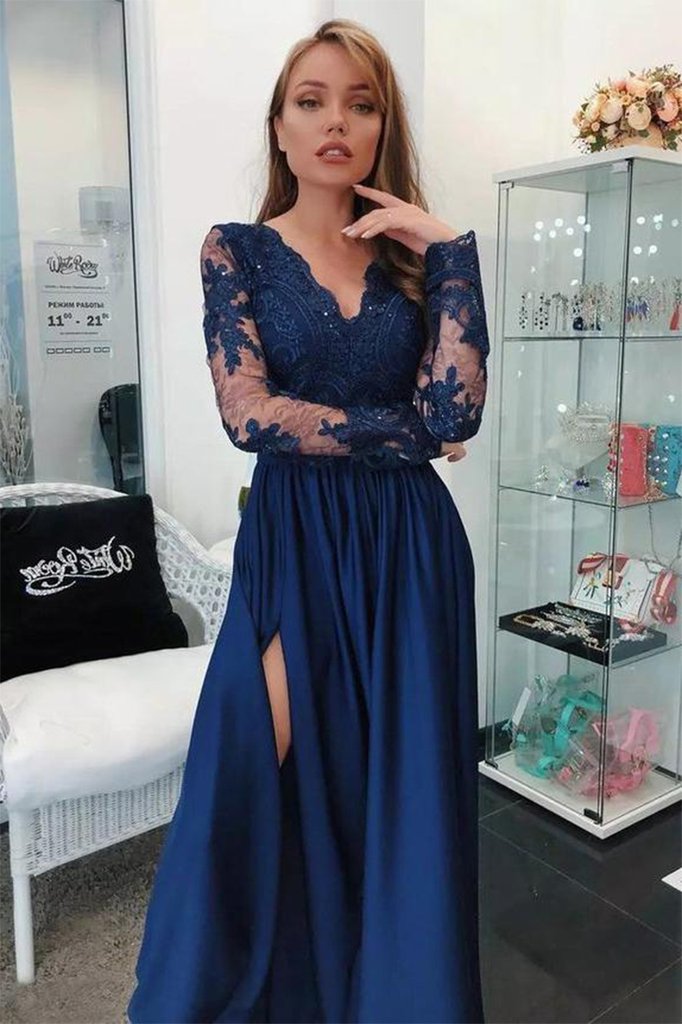 A Line Long Sleeves V Neck Dark Blue Prom Dresses With Appliques PFP05 Promfast A Line Long Sleeves V Neck Dark Blue Prom Dresses With Appliques PFP05 Promfast