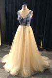 A Line V Neck Beading Tulle Long Prom Dress, Party Dresses PFP0124