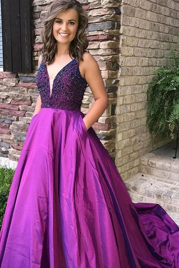 Purple A Line Beading V Neck Prom Gown With Pockets Cheap Formal Evening Dress