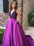 Purple A Line Beading V Neck Prom Gown With Pockets Cheap Formal Evening Dress PFP0600