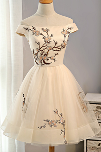 Cap Sleeves Embroidery Homecoming Dresses,Tulle Short Party Dresses,A Line Prom Dresses PFH0002
