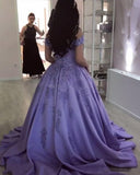 Lavender Ball Gown Off the Shoulder Lace Appliques Prom Dresses PFP0477