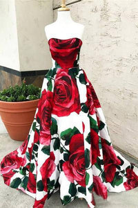 Rose Red Floral Long Prom Dresses with Pockets Strapless Evening Gown