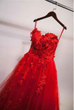 Charming Red Sweetheart Strapless Ball Gown Applique Tulle Long Prom Dress PFP0126