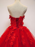 Charming Red Sweetheart Strapless Ball Gown Applique Tulle Long Prom Dress PFP0126