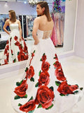 Rose Red Floral Long Prom Dresses with Pockets Strapless Evening Gown PFP0601