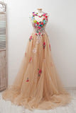 A-line Sleeveless Open Back Appliques Tulle Long Prom Dress Flowers PFP0127