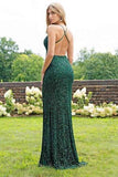 Spaghetti Strap Emerald Green Prom Dresses Slit Sheath Sequined Formal Evening Dress PFP0602
