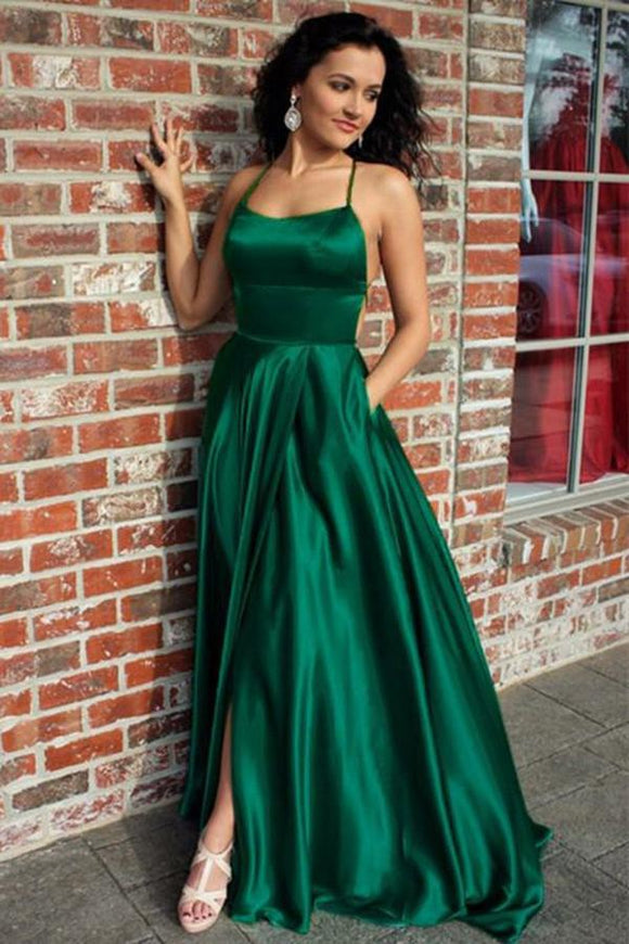 A Line Green Straps Criss Cross Back Long Prom Dresses with Pockets