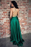 A Line Green Straps Criss Cross Back Long Prom Dresses with Pockets PFP0603