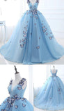 Ball Gown Long Sky Blue Butterfly V Neck Prom Dress,Quinceanera Dresses PFP0129