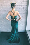 Sheath Emerald Green Spaghetti Straps Long Simple Prom Dresses with Slit PFP0604