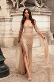 Exquisite Off Shoulder Long Sleeves Split Sequins Sexy Prom Party Dress