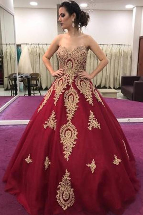Gold Lace Appliques Sweetheart Ball Gown Prom Dress Sweet 16 Dress Quinceanera Dresses