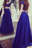 Charming Royal Blue Two Pieces Short Sleeves Lace Top Long Prom Dress PFP0132