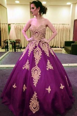 Gold Lace Appliques Sweetheart Ball Gown Prom Dress Sweet 16 Dress Qui –  Promfast