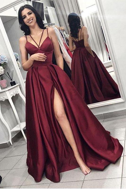 Maroon Spaghetti Straps Side Slit Long A Line Elegant Evening Prom Dresses