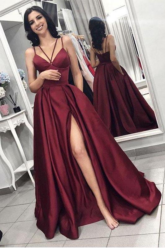 Maroon Spaghetti Straps Side Slit Long A Line Elegant Evening Prom Dre Promfast Maroon Spaghetti Straps Side Slit Long A Line Elegant Evening Prom Dre Promfast
