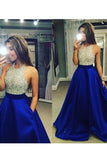 High Neck Royal Blue Long Prom Dresses,Bodice Beads Evening Prom Dress Ball Gown PFP0135
